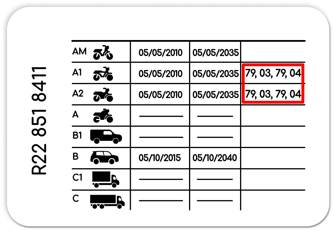 Example licence with code 79.03 – Not valid for two-wheel motorcycles